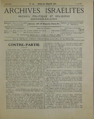 Archives israélites de France. Vol.82 N°30 (28 juil. 1921)