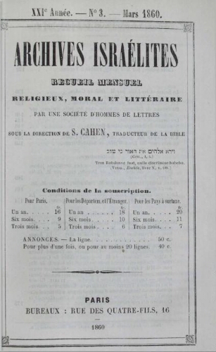 Archives israélites de France. Vol.21 N°03 (mars 1860)