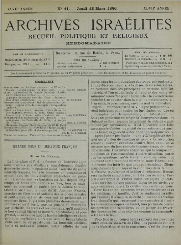 Archives israélites de France. Vol.47 N°11 (18 mars 1886)
