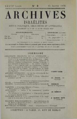 Archives israélites de France. Vol.37 N°02 (15 janv. 1876)