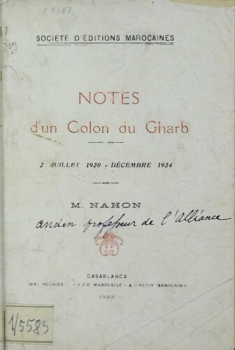 Notes d'un colon du Gharb : 2 juillet 1920- décembre 1924