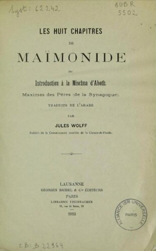 Les Huit Chapitres de Maïmonide : ou Introduction à la Mischna d'Aboth