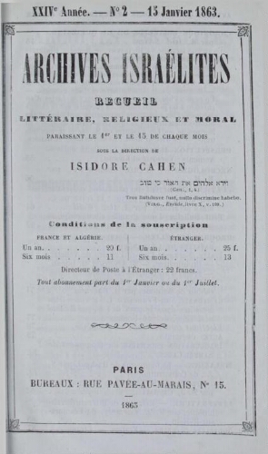 Archives israélites de France. Vol.24 N°02 (15 jan. 1863)