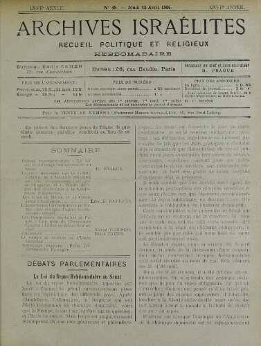 Archives israélites de France. Vol.67 N°15 (12 avr. 1906)