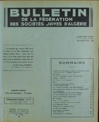 Bulletin de la Fédération des sociétés juives d’Algérie  V°04 N°29 (01/01/1937)