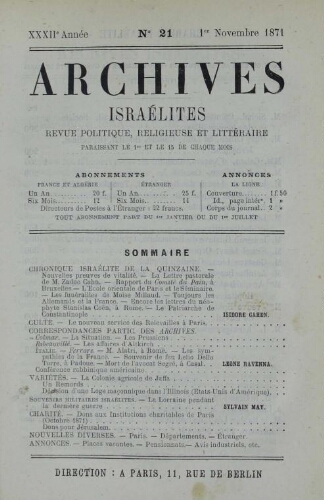 Archives israélites de France. Vol.32 N°21 (01 nov. 1871)