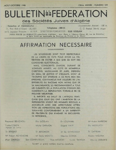 Bulletin de la Fédération des sociétés juives d’Algérie  V°13 N°109 (01/08/1946)