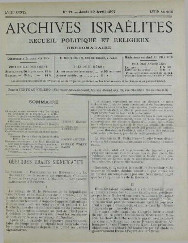 Archives israélites de France. Vol.58 N°17 (29 avr. 1897)
