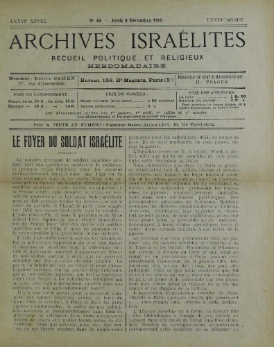 Archives israélites de France. Vol.76 N°49 (09 déc. 1915)