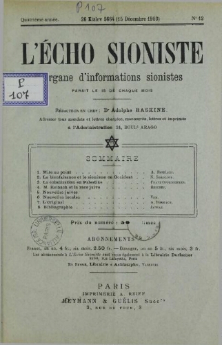 L'Echo Sioniste. Vol. 4 n° 12 (15 décembre 1903)