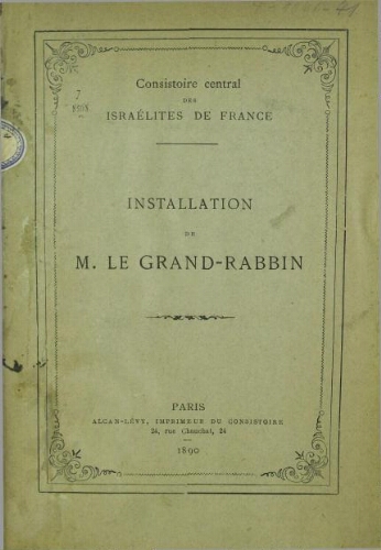 Installation de M. le Grand-Rabbin