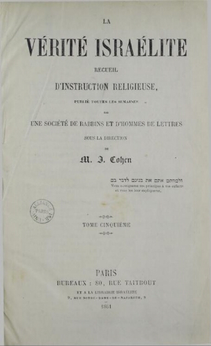 La verité Israélite Index V05 (1861)