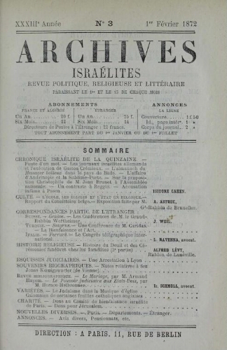 Archives israélites de France. Vol.33 N°04 (15 févr. 1872)