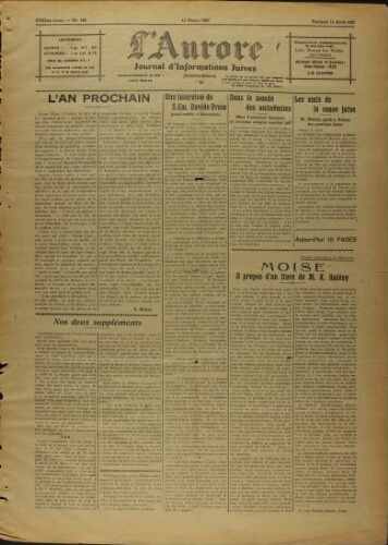 L’Aurore : Journal d’Informations Juives  N°162 (15 avril 1927)