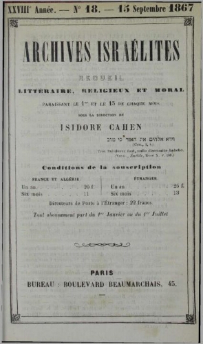 Archives israélites de France. Vol.28 N°18 (15 sept. 1867)