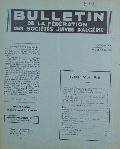 Bulletin de la Fédération des sociétés juives d’Algérie  V°03 N°28 (01/12/1936)