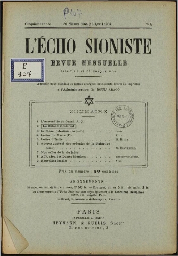 L'Echo Sioniste. Vol. 5 n° 4 (15 avril 1904)