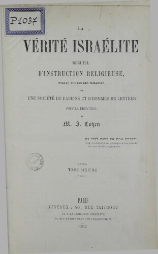 La verité Israélite Index V06 (1861)