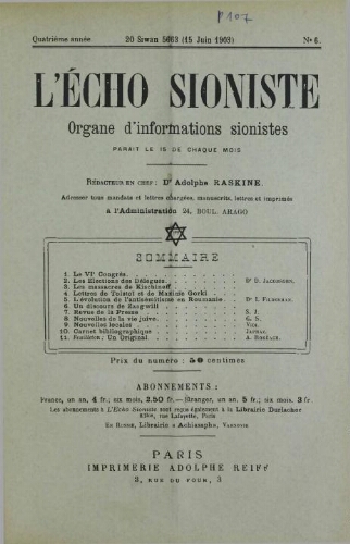L'Echo Sioniste. Vol. 4 n° 6 (15 juin 1903)