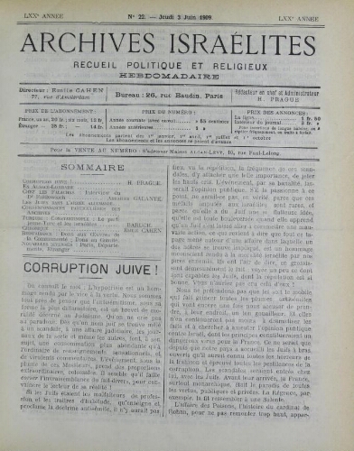 Archives israélites de France. Vol.70 N°22 (03 juin 1909)