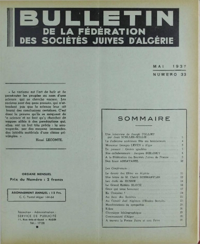 Bulletin de la Fédération des sociétés juives d’Algérie  V°04 N°33 (01/05/1937)