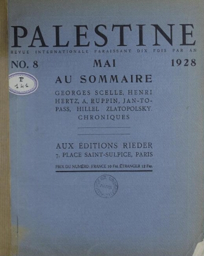 Palestine, nouvelle revue juive Vol. 2 n° 8 (mai 1928)