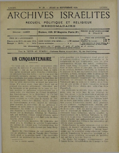 Archives israélites de France. Vol.85 N°39 (18 sept. 1924)