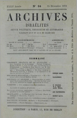Archives israélites de France. Vol.32 N°24 (15 déc. 1871)