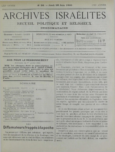 Archives israélites de France. Vol.61 N°26 (28 juin 1900)