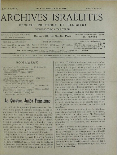 Archives israélites de France. Vol.67 N°08 (22 févr. 1906)