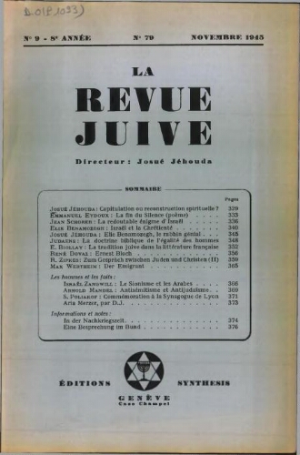 La Revue Juive de Genève. Vol. 8 n° 9 fasc. 79 (novembre 1945)