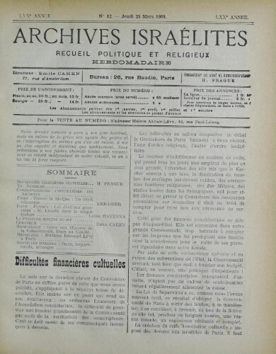 Archives israélites de France. Vol.70 N°12 (25 mars 1909)