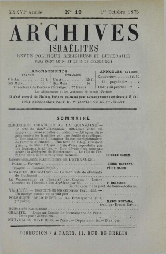 Archives israélites de France. Vol.36 N°19 (01 oct. 1875)