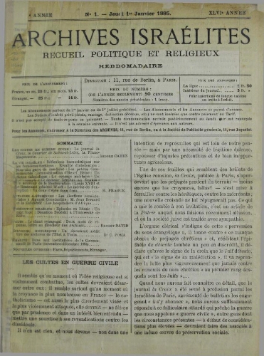 Archives israélites de France. Vol.46 N°01 (01 janv. 1885)