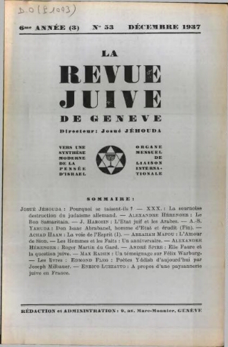 La Revue Juive de Genève. Vol. 6 n° 3 fasc. 53 (décembre 1937)