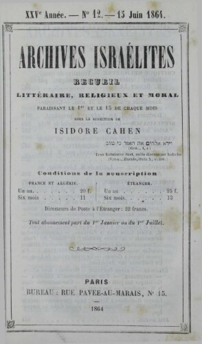 Archives israélites de France. Vol.25 N°12 (15 juin 1864)