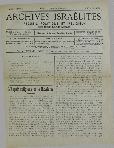 Archives israélites de France. Vol.72 N°34 (24 août 1911)
