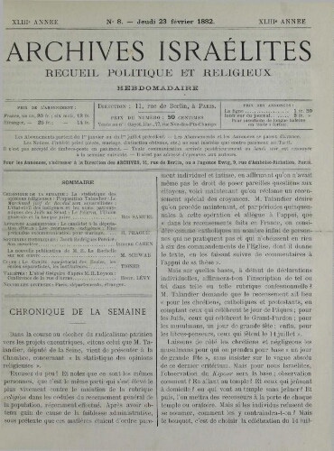 Archives israélites de France. Vol.43 N°08 (23 févr. 1882)