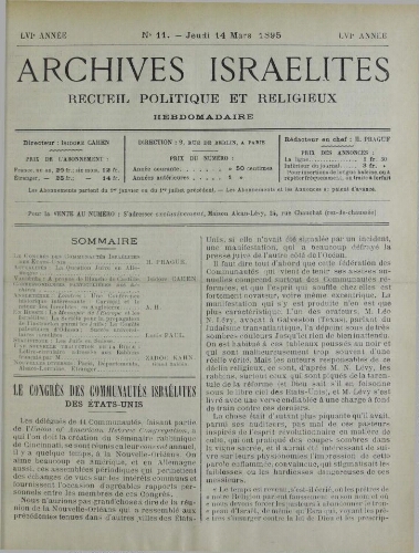 Archives israélites de France. Vol.56 N°11 (14 mars 1895)