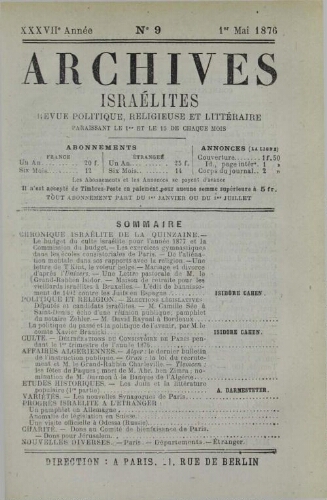 Archives israélites de France. Vol.37 N°09 (01 mai 1876)