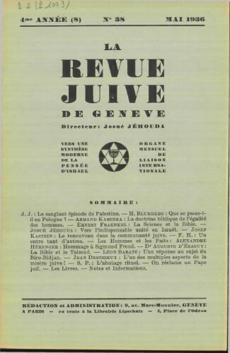 La Revue Juive de Genève. Vol. 4 n° 8 fasc. 38 (mai 1936)