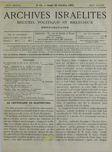 Archives israélites de France. Vol.45 N°44 (30 oct. 1884)