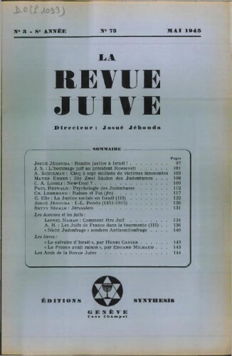 La Revue Juive de Genève. Vol. 8 n° 3 fasc. 73 (mai 1945)
