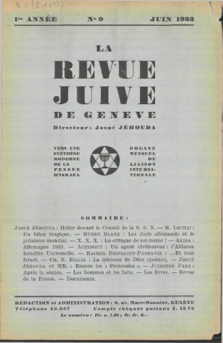 La Revue Juive de Genève. Vol. 1 n° 9 fasc. 9 (juin 1933)