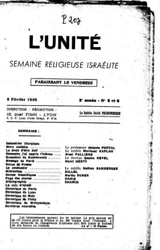 L'Unité : Semaine religieuse israélite. 3ème Année N° 5-6 (8 février 1946)