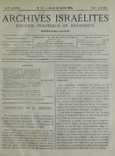 Archives israélites de France. Vol.45 N°17 (24 avr. 1884)