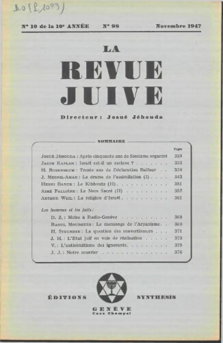 La Revue Juive de Genève. Vol. 10 n° 10 fasc. 98 (novembre 1947)