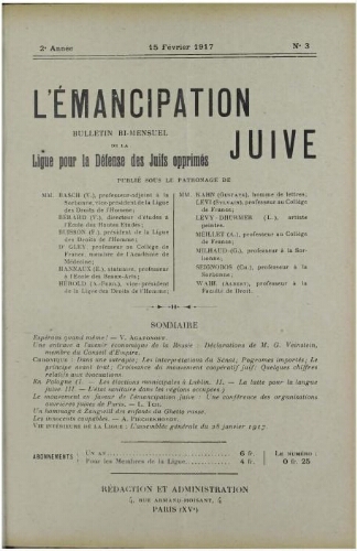 L'Emancipation Juive. Vol. 2 n° 4-5 (28 février-15 mars 1917)