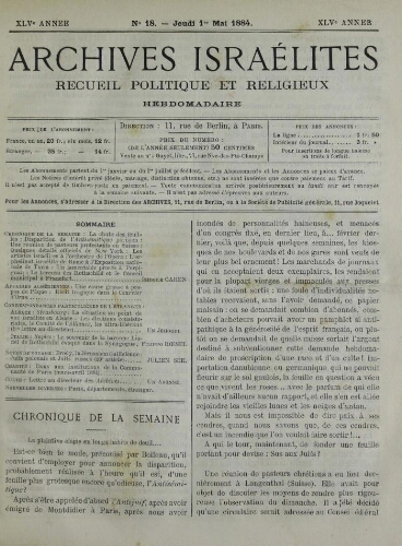 Archives israélites de France. Vol.45 N°18 (01 mai 1884)