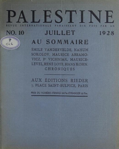 Palestine, nouvelle revue juive Vol. 2 n° 10 (juillet 1928)
